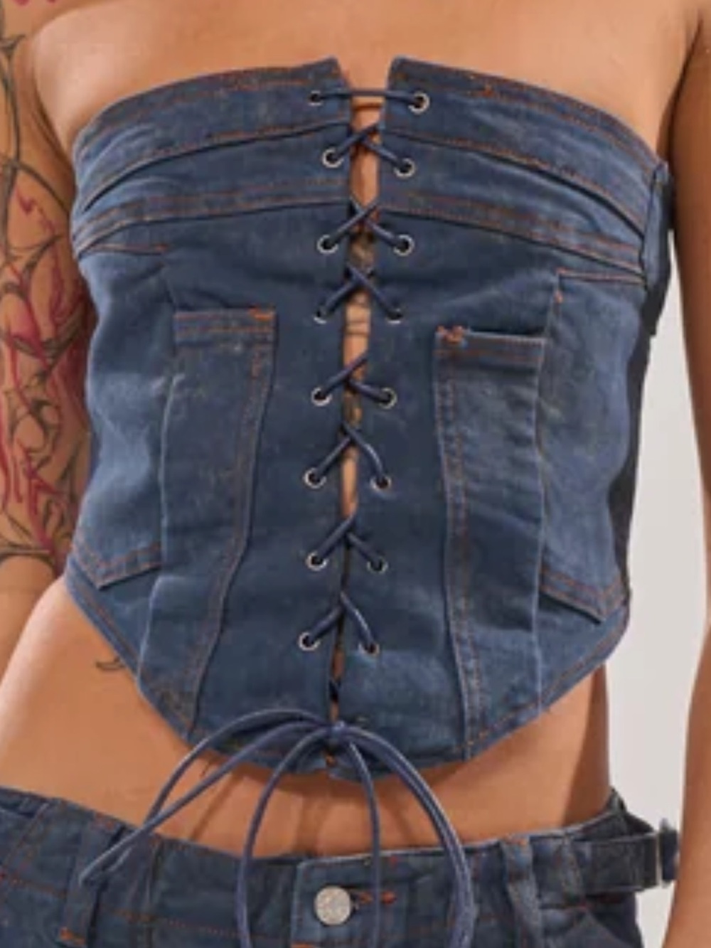 AKIRA Navy Lace-Up Denim Corset Crop Top